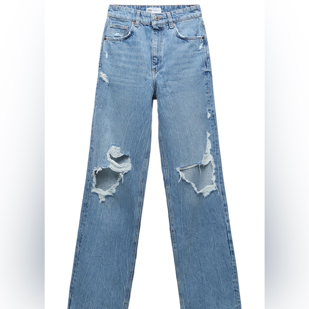 Zara High-Waisted Wide Leg Distressed Jeans - Medium Wash
